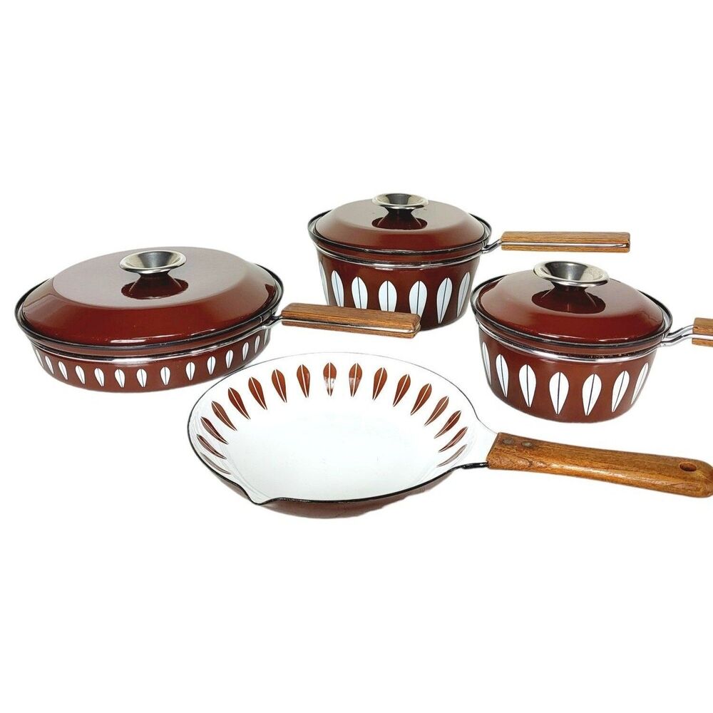 Vintage MCM Catherine Holm of Norway Brown Lotus Enamelware Pot & Pan 7 Pc Set